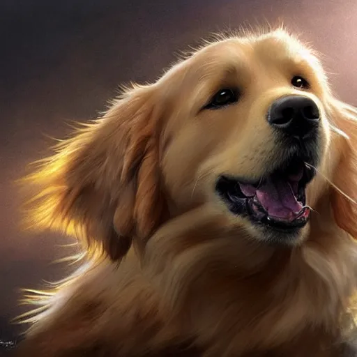 Prompt: portrait of a fluffy golden retriever dog, happy, upper body, with his mouth open, D&D, fantasy, intricate, cinematic lighting, highly detailed, digital painting, artstation, concept art, smooth, sharp focus, illustration, art by Artgerm and Greg Rutkowski and Alphonse Mucha