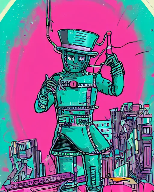 Image similar to mcyberpunk tinman, from the wizard of oz, teal and pink color scheme, hyper detailed danguiz, cyberpunk city street background