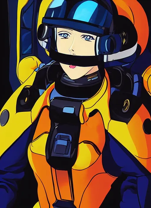 Image similar to Portrait of a female mech pilot in a latex bodysuit, 90s anime, cel-shaded, highly detailed, dramatic background, complementary lighting, poster