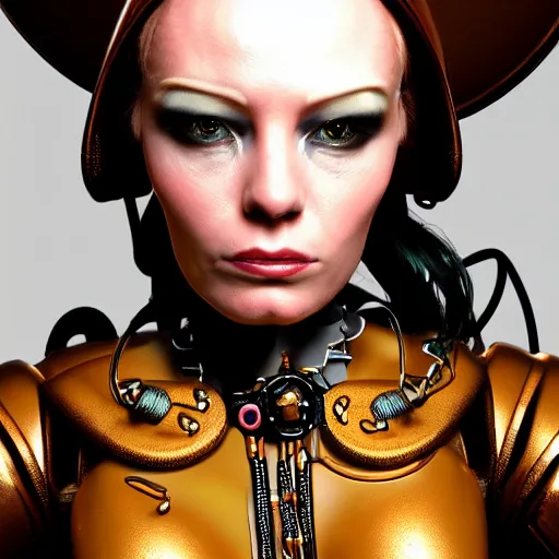 Image similar to close - up portrait of a beautiful female steampunk android in the style of ex the fifth element