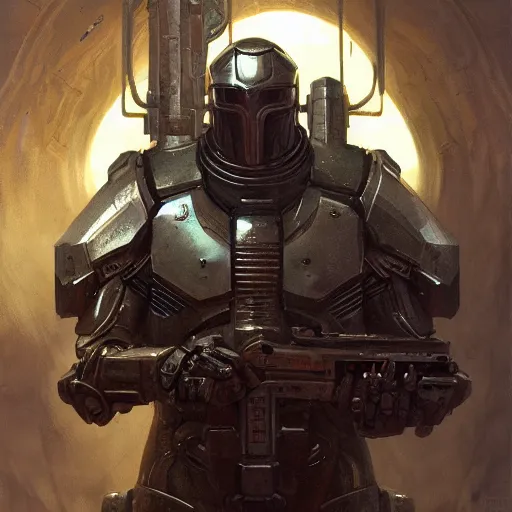 Image similar to the doomslayer as a realistic scifi cyberpunk knight, closeup portrait art by donato giancola and greg rutkowski, vintage retro scifi, realistic face, digital art, trending on artstation, symmetry!!!