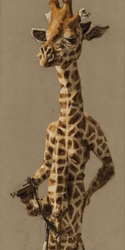 Image similar to soldier with the head of a giraffe and the body of an orangutan