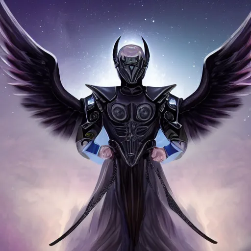 Prompt: a angel that is wearing armor that resembles the universe and has a halo made out of a black whole and with four wings on his back, 4 k