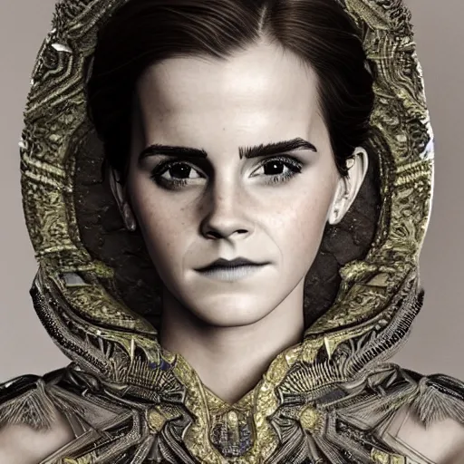 Image similar to a regal emma watson wearing an intricate and detailed armor made of ocean waves. layers. textures. delicate. elaborate. translucent. soft. ethereal. fragile. vulnerable. studio portrait. photorealistic. octane render