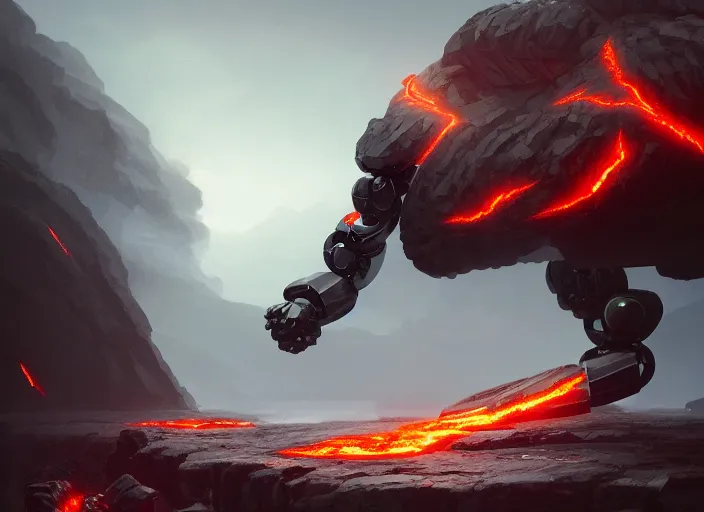 Image similar to epicly designed very muscular stone obsidian robot with human body fighting a deadly beast made from lava with background by greg rutkowski, trending on artstation