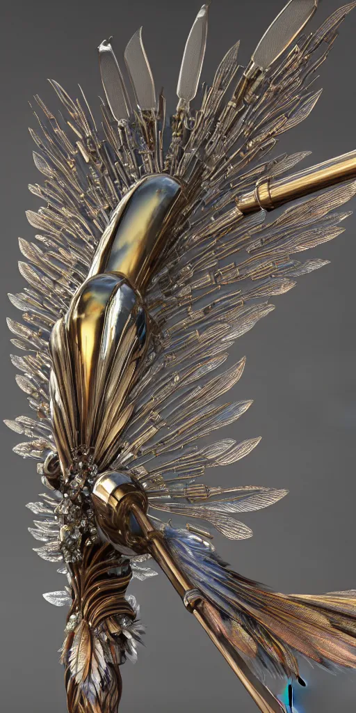 Prompt: beautiful physical detailed render of a sacred bow arms made of crystal, the style of louis comfort tiffany, pascal blanche, zigor samaniego, paul pepera, ellen jewett, weapon design, mechanics, weapon model, feather, wing, exquisite, metal, structure, c 4 d, 3 d render,, unreal engines, light effect, 4 k hd