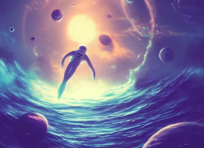 Image similar to a dreamlike scene of an astronaut swimming through the ocean surrounded by aliens, masterpiece, illustration, perfect, trending on pixiv, trending on artstation