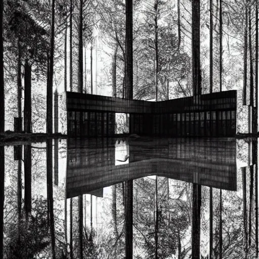 Image similar to a giant brutalist building in the forest in russia, building facing, reflections, symmetry, highly detailed, golden ratio, black and white color scheme, etching render