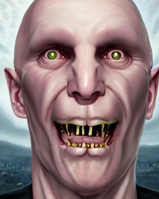 Image similar to portrait of lord voldemort, a 4 0 - year - old bald man, with a white complexion, wide, cat - like scarlet eyes, without nose, and a thin mouth, hyper realistic face, beautiful eyes, character art, art by mark brooks, hyperdetailed, cryengine, trending on artstation, digital art