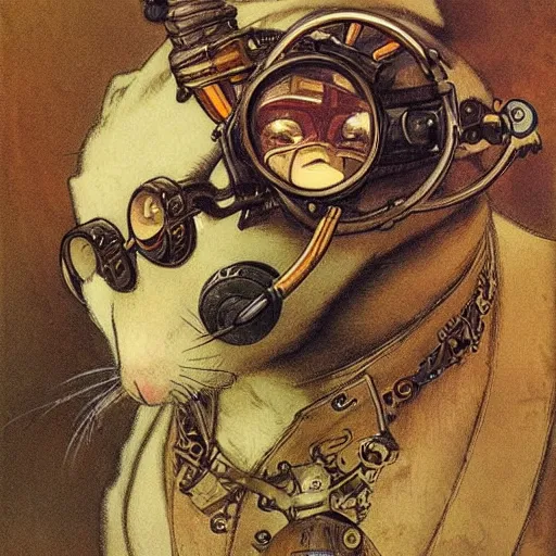 Image similar to a rat with steampunk googles, by Alfons Maria Mucha