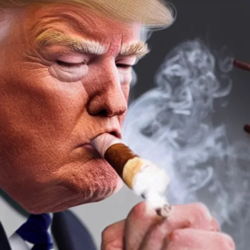 Image similar to a high detail photo of donald trump smoking a cigarrette, subject= donald trump, subject detail: extremly detailed, subject action: smoking a cigar, photorealism, dramatic lighting, award winning photograph, trending on artstation