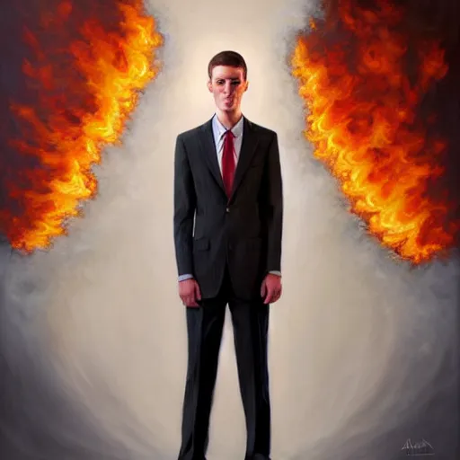 Image similar to a hyper realistic painting of a calm young man in a burning business suit, his clothes are burning, full body painting, long shot, coherent symmetrical eyes, by jeffrey smith, by andrea kowch, by steve henderson, masterpiece, trending on artstation,