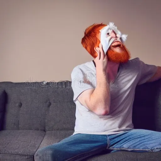 Prompt: professional photography of a drunk ginger haired man slouched on the couch smiling wearing a cone on his head stock photo