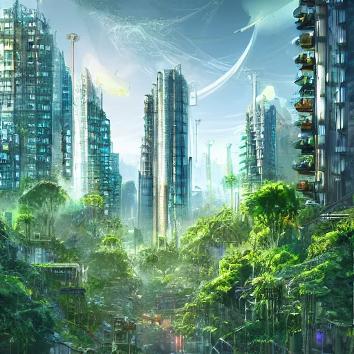 Prompt: a concept art of a solarpunk city with lush vegetation, tall skyscrapers and autonomous vehicles, trending on artstation, digital art