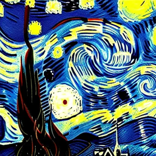 Image similar to portrait of astronaut, starry night in background, by van gogh