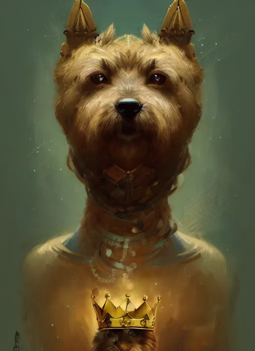 Image similar to norwich terrier as an king, backround dark, highly detailed, digital illustration, trending in artstation, modern painting, smooth, sharp focus, intricate, by peter mohrbacher