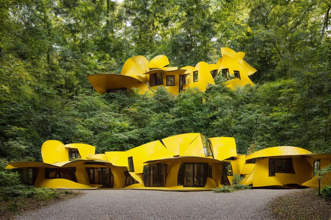 Image similar to a mid century modern house in a forest, designed by Frank Gehry. Tiles. Small gravel driveway . Film grain, cinematic, yellow hue