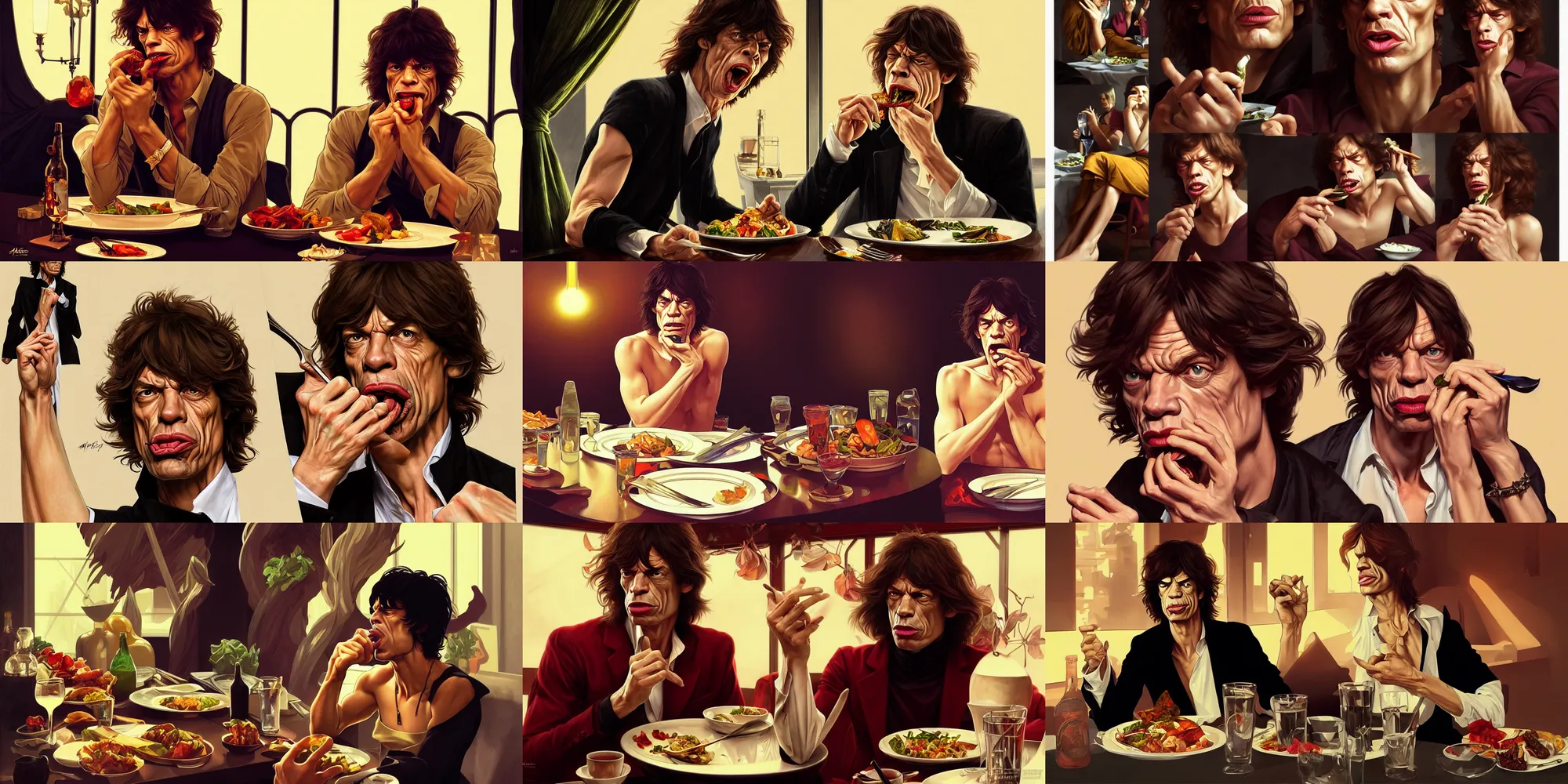 Prompt: mick jagger eating dinner, character sheet, character design, contrast, deep focus, turnaround, highly detailed, dramatic lighting, digital painting, artstation, concept art, matte, sharp focus, illustration, elegant, art by artgerm and greg f and alphonse mucha.