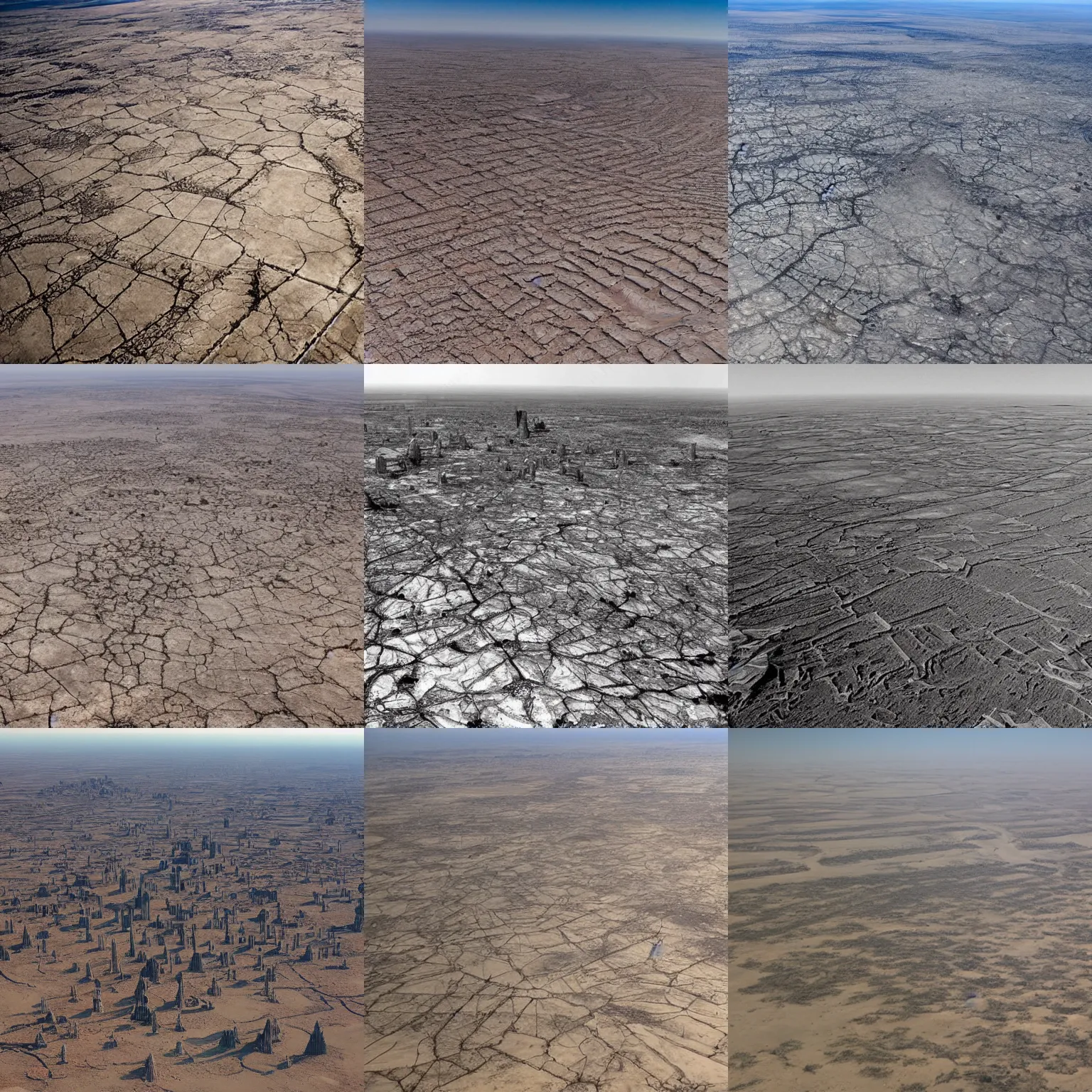 Prompt: ruined city of crystal spires on a parched and dusty plain viewed from the air