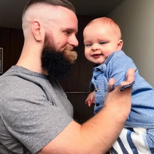 Image similar to a photo of a white man with a mid fade haircut and level 1 clipper beard that is happy with his 3 month year old baby boy.