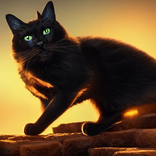 Image similar to magic black energy cat, golden hour, fantasy, sharp focus, digital art, hyper realistic, 4 k, unreal engine, highly detailed, hd, dramatic lighting by brom, trending on artstation