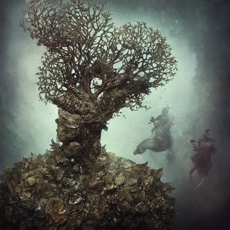 Prompt: dusty, underwater,!! bokeh, old tintype, realistic armoured tree made of leaves, dramatic light, dystopian environment, intricate, seahorse, elegant, highly detailed, headdress, artstation, sharp focus, artgerm, tomasz alen kopera, peter mohrbacher, donato giancola, boris vallejo, frank frazetta