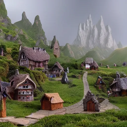 Image similar to a fantasy village with small houses, hobbits and humans walking, a castle in the background