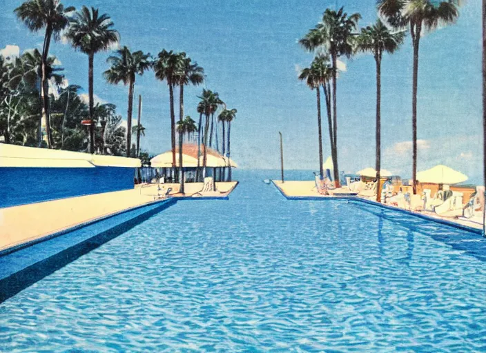 Image similar to pool at the beach. no people. nostalgic. 6 0 s styled art