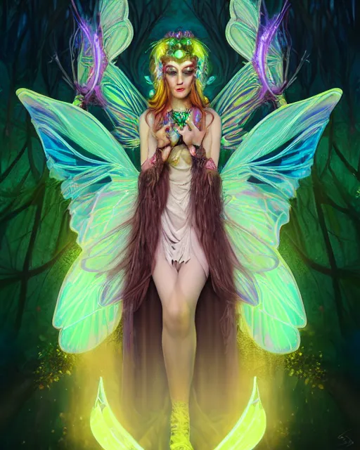 Image similar to portrait, stunningly beautiful female faerie priestess in a forest, symmetrical wings on back, neon hair, wearing a dress of gossamer gold, inner glow, illustration, dramatic lighting, soft details, painting, art nouveau, octane render, 8 k, hd, by brom, faces by otto schmidt