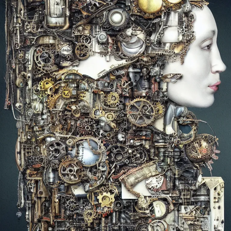 Image similar to profile portrait of a woman, computer parts, mechanical parts, by giuseppe arcimboldo, steampunk, cyberpunk, futuristic, psychedelic, surreal, sci - fi, vaporwave, alien, dreamlike.