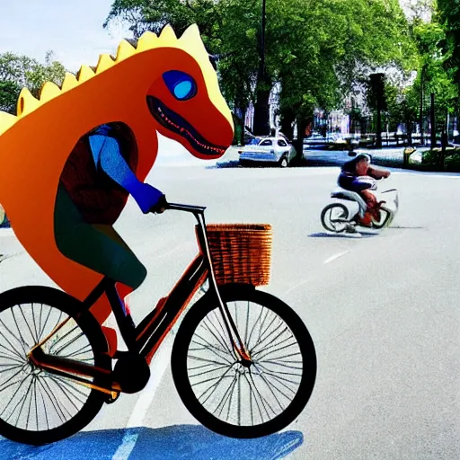 Prompt: a dinosaur driving a bike