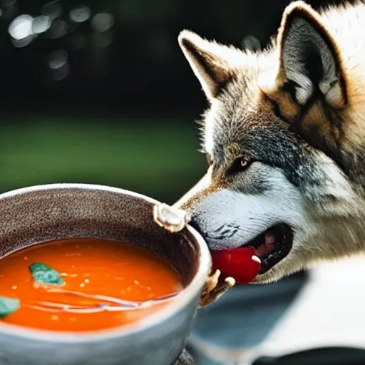 Prompt: photo of a wolf drinking licking soup