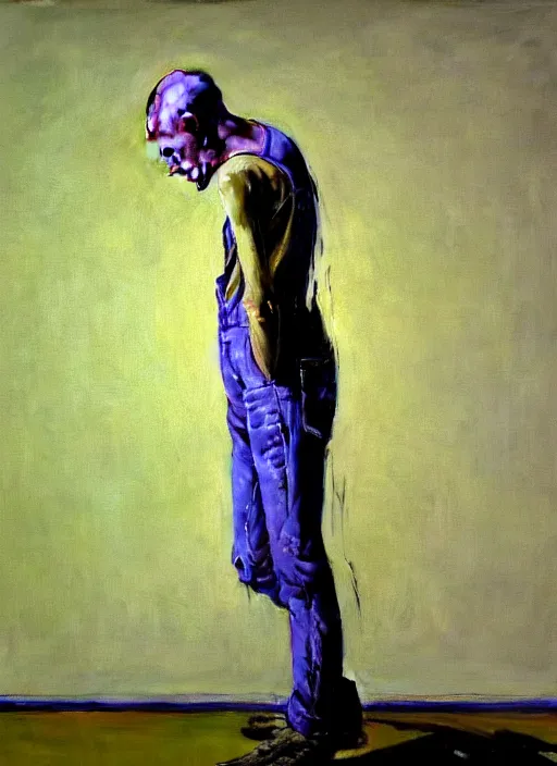 Prompt: an insane, skinny artist wearing torn overalls, expressively, physically fighting with a ghost inside a grand studio, depth of field, hauntingly surreal, highly detailed oil painting, by francis bacon, edward hopper, adrian ghenie, glenn brown, soft light 4 k, purple and blue colour palette, cinematic composition, cinematic lighting, high quality octane render, masterpiece