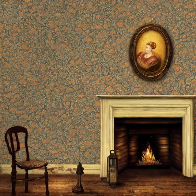 Prompt: a wall with antique wallpaper, in the center an oval painting depicting a victorian lady posing, under a fireplace with lighted candles on it, dark, disturbing atmosphere, highly detailed, unsettling, realistic oil painting