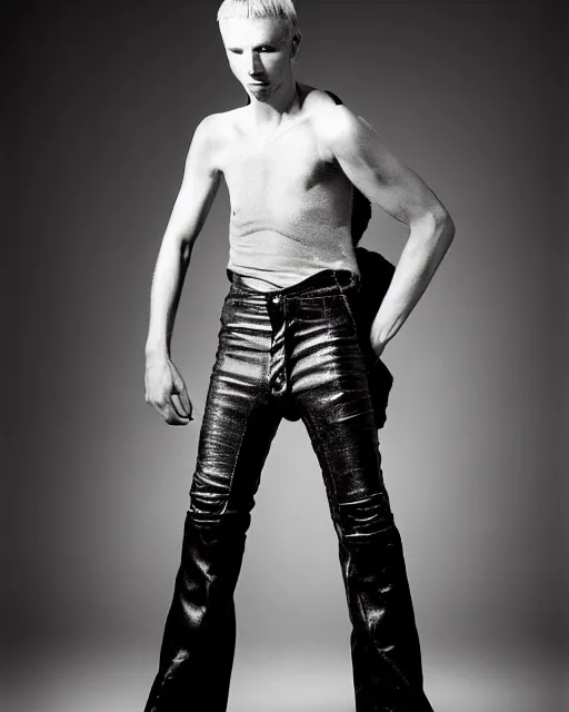 Image similar to an award - winning photo of an ancient male model wearing a plain boot cut flared distressed medieval designer menswear leather trousers designed by alexander mcqueen, 4 k, studio lighting, wide angle lens, 2 0 0 4