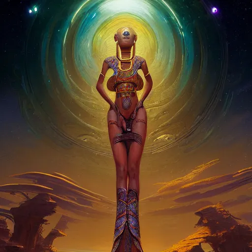 Image similar to highly detailed portrait of an african egyptian goddess, intricate alien technology, stephen bliss, unreal engine, fantasy art by greg rutkowski, loish, rhads, ferdinand knab, makoto shinkai and lois van baarle, ilya kuvshinov, rossdraws, tom bagshaw, global illumination, radiant light, detailed and intricate environment