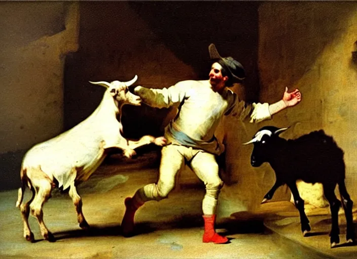 Image similar to man dancing with goats by francisco de goya and greg rutkowski, detailed masterpiece oil painting