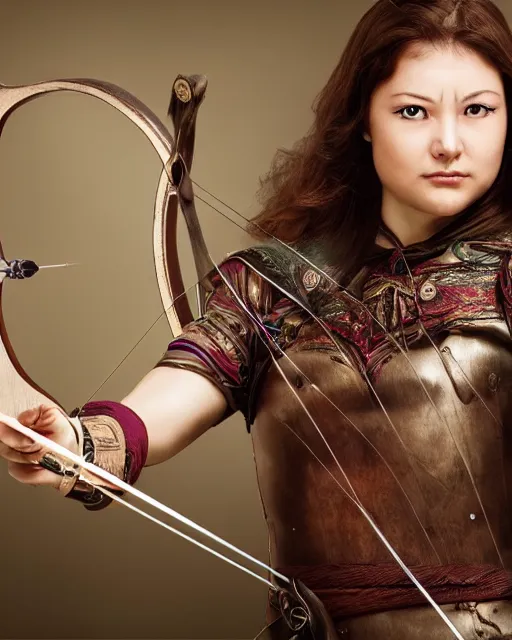 Prompt: photo of world, women with a bow and arrow, female archer, warrior, realistic face