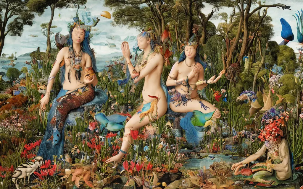 Prompt: a portrait photograph of a meditating mermaid shaman and a zebra centaur monk feeding parrots at a wide river delta. surrounded by flowers, animals and trees. mountain range under a vast blue sky of burning stars. painted by jan van eyck, max ernst, ernst haeckel and artgerm, cgsociety, artstation, fashion editorial