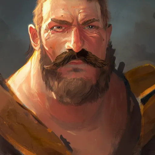 Image similar to portrait old barbarian warrior with trucker mustache and short hair, 8 k, trending on art station, by tooth wu and greg rutkowski