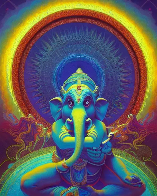 Prompt: psychedelic ganesh of the cosmos, coherent design, symmetrical, concept art, vivid color, complementary color, golden ratio, detailed, sharp lines, intricate, rainbowshift, by maxfield parrish, by peter mohrbacher, by gustave dore, by alphonse mucha, deviantart, octane render