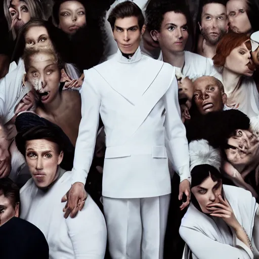 Image similar to portrait of a regal prince in futuristic white clothes, high collar, sharp cheekbones, wistful expression, surrounded by a crowd of angry people