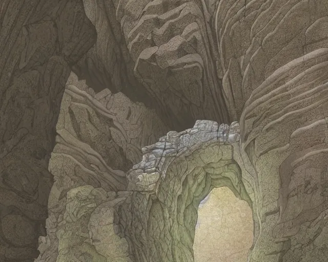 Prompt: very high quality digital art of a natural stone bridge crossing a deep chasm in a cavern