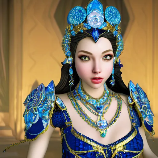 Image similar to photo of wonderful princess of sapphire with fair skin, she has her eyes closed, glowing, ornate and intricate blue jewelry, jaw dropping beauty, glowing background lighting, blue accent lighting, hyper detailed, award winning photography, 4 k octane render