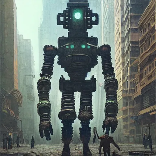 Prompt: mayan cyberpunk robot striding through streets of city, perfectly clear face, shadow of the colossus screenshot by j. c. leyendecker, simon stalenhag, studio ghibli, and beksinski