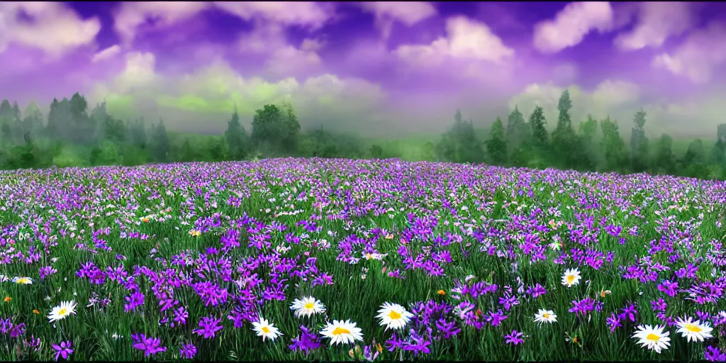 Image similar to field of green daisies, purple sky in background, matte painting