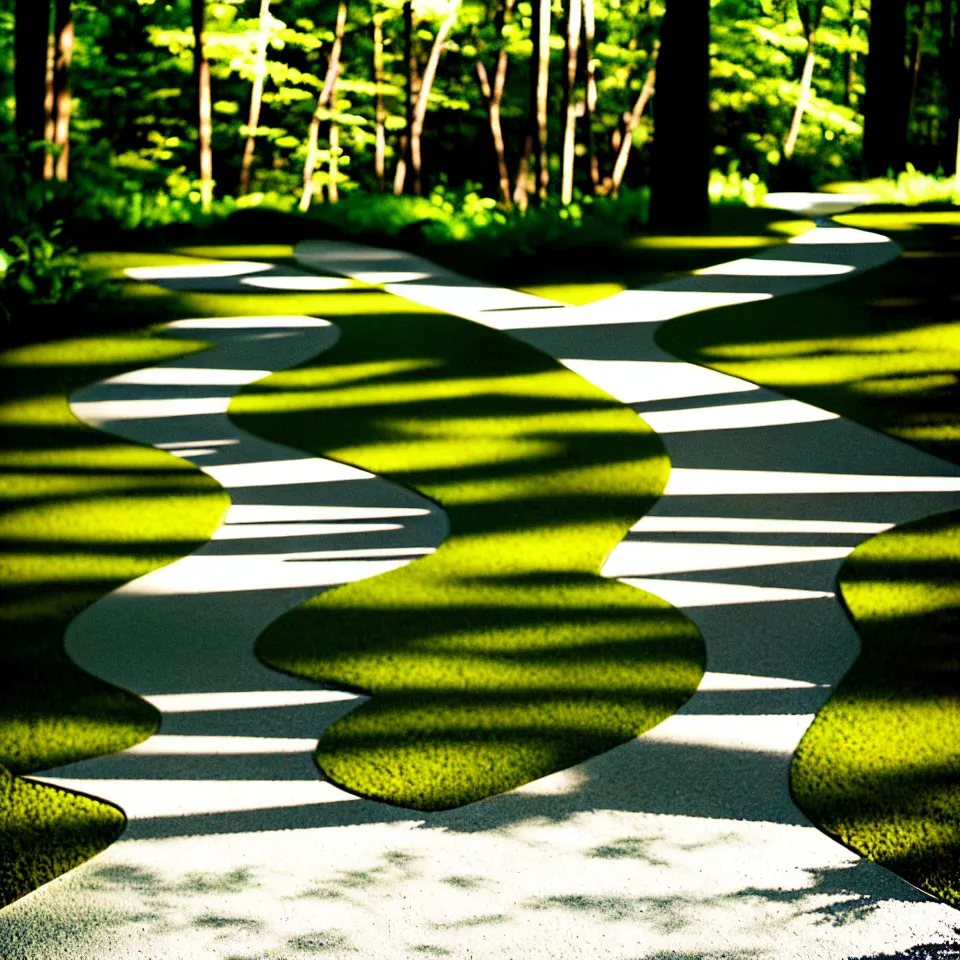 Image similar to a gravel pathway leading to a mid-century modern house in a forest, designed by Frank Gehry. Big tiles. Film grain, cinematic, yellow hue