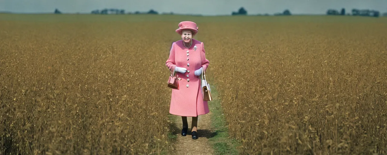 Prompt: queen elizabeth walking through a field of spaghetti in the english countryside, canon 2 0 mm, shallow depth of field, wes anderson, kodachrome