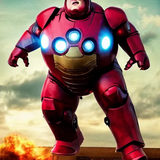 Image similar to morbidly obese ironman has a hard time flying, film still, marvel studios, high budget, funny