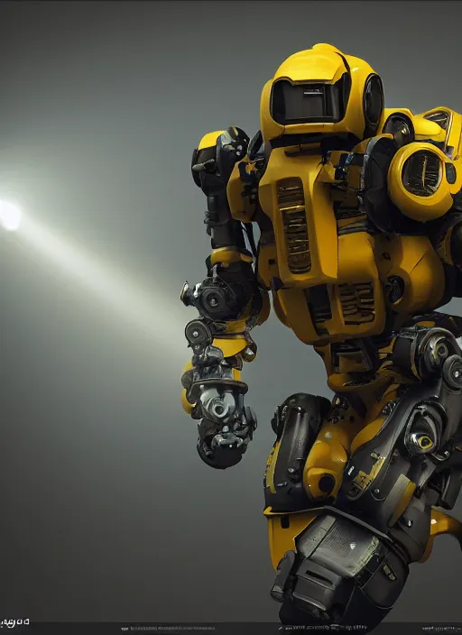 Image similar to a photorealistic dramatic hyperrealistic render of a futuristic exosuit power loader heavy machinery, ultra realistic details, glossy yellow by vitaly bulgarov and mike nash, beautiful dramatic dark moody tones and lighting, cinematic atmosphere, studio lighting, shadows, dark background, octane render, 8 k